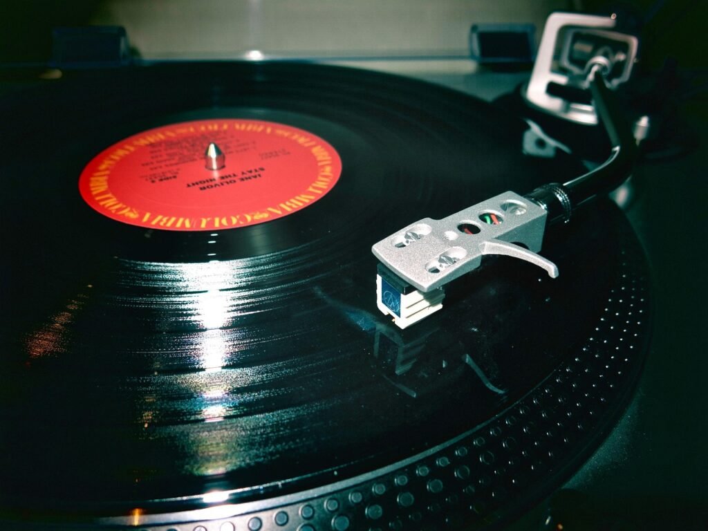 Phonograph playing a record, music audio